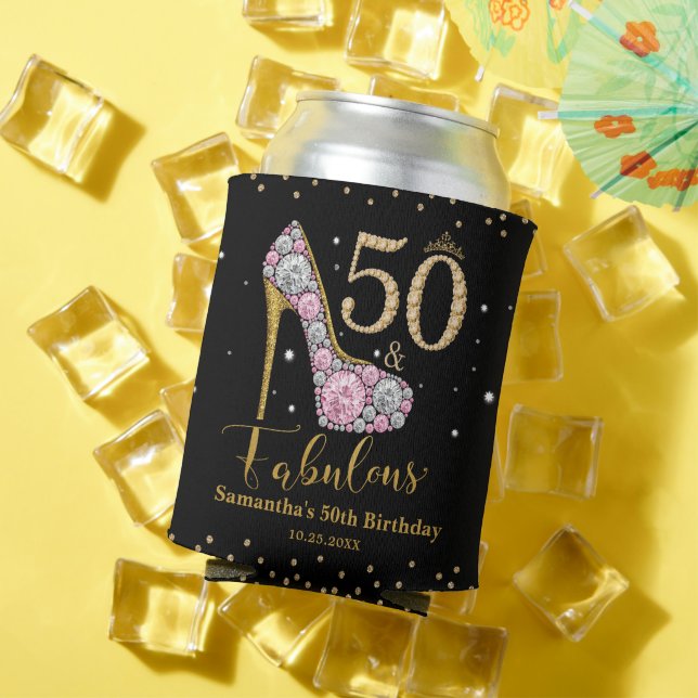 Pink Gold Diamond Fifty and Fabulous 50th Birthday Can Cooler (In Situ Summer)