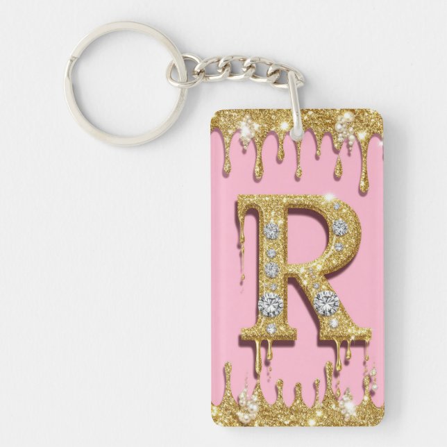 Pink Gold Diamond Initial R Letter Gift Keychain (Front)