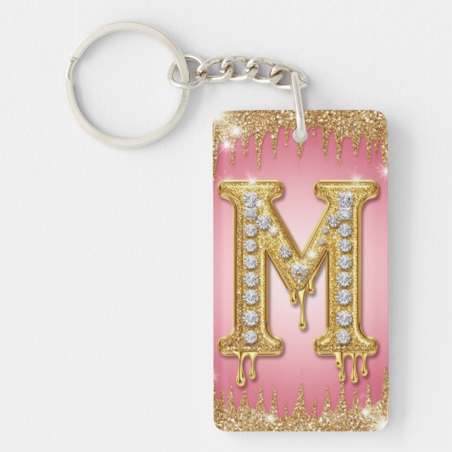 Pink Gold Diamond Letter M Custom Keychain Gift (Front)