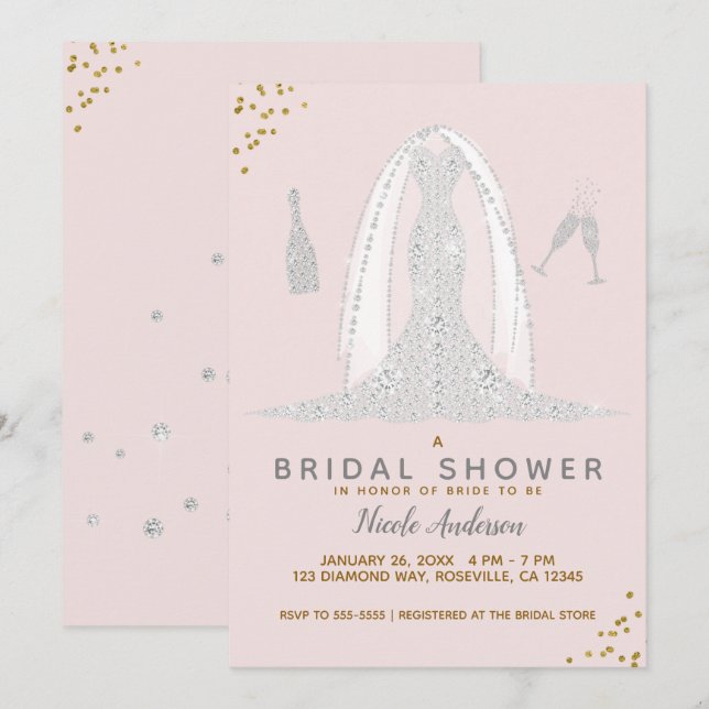 Pink & Gold Diamond Wedding Dress Bridal Shower Invitation (Front/Back)
