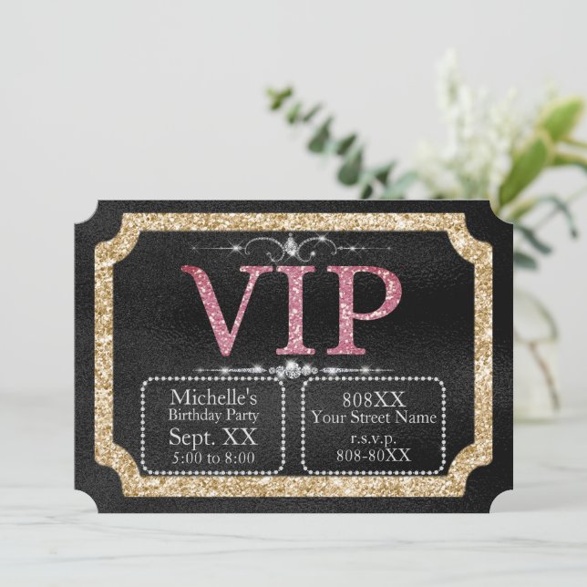 Pink & Gold Diamonds Glitter on Black VIP Ticket Invitation (Standing Front)