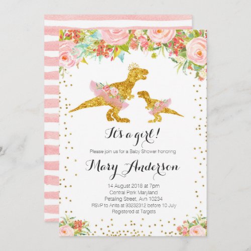 Pink Gold Dino Girl Baby Shower Invite