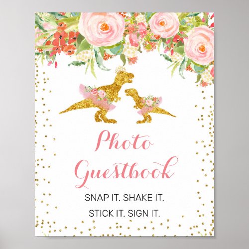 Pink Gold Dino Girl Photo Guestbook sign