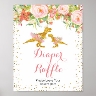 Pink Gold Dino Girl Watercolor Diaper Raffle sign
