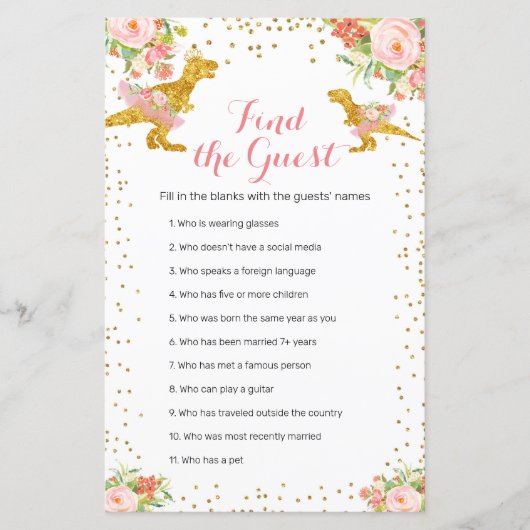 Pink Gold Dino Girl Watercolor Find the Guest game (Front)