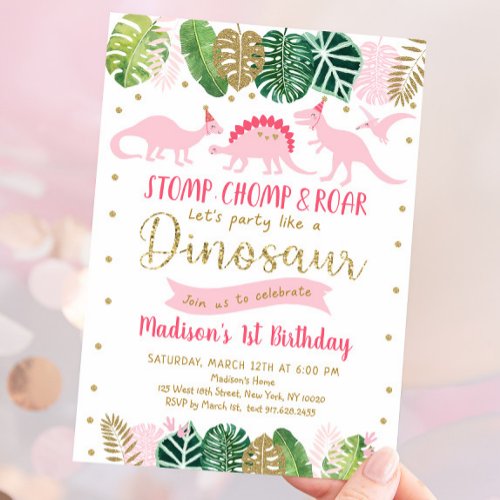 Pink Gold Dinosaur Birthday Invitation