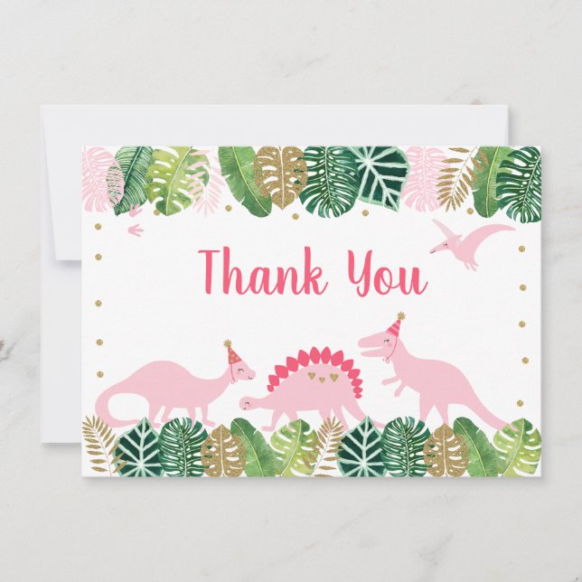 Pink & Gold Dinosaur Birthday Thank You Card (Front)