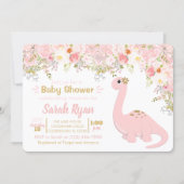Pink & Gold Dinosaur Floral Girl Baby Shower Invitation (Front)