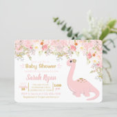 Pink & Gold Dinosaur Floral Girl Baby Shower Invitation (Standing Front)