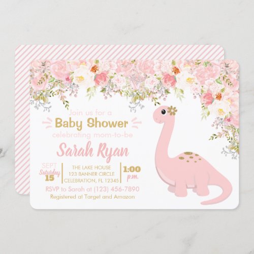 Pink  Gold Dinosaur Floral Girl Baby Shower Invitation