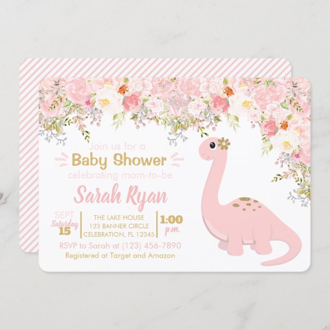 Pink & Gold Dinosaur Floral Girl Baby Shower Invitation (Front/Back)