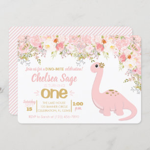 Pink & Gold Dinosaur Floral Girl Birthday Invitation