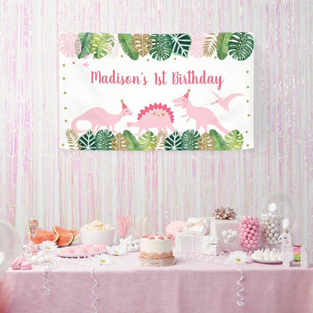 Pink & Gold Dinosaur Safari Birthday Banner (Party)