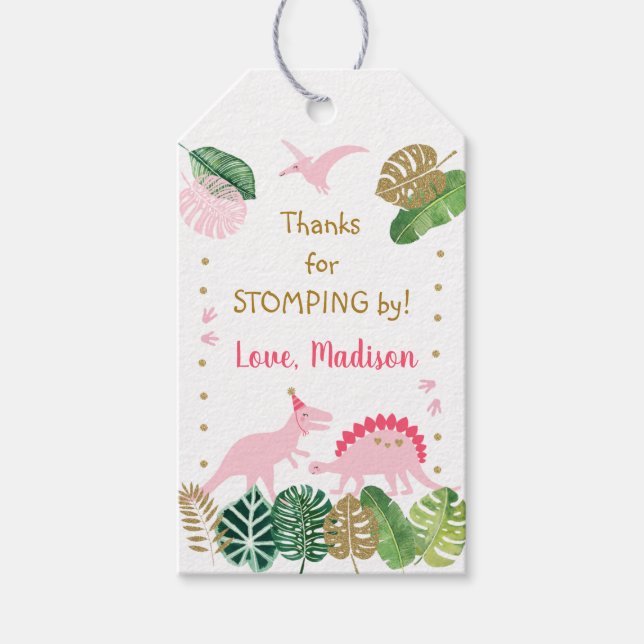 Pink & Gold Dinosaur Safari Birthday Gift Tags (Front)