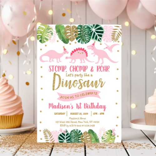 Pink  Gold Dinosaur Safari Birthday Invitation