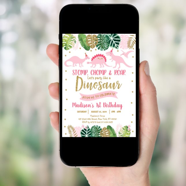 Pink & Gold Dinosaur Safari Birthday Invitation (Front Digital)