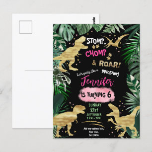 Pink & Gold Dinosaur Safari Birthday Invitation Postcard