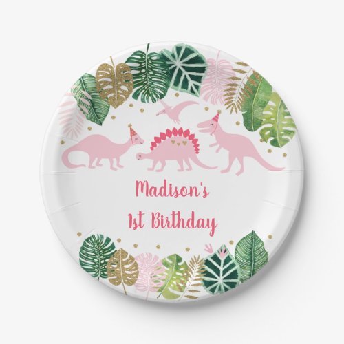 Pink  Gold Dinosaur Safari Birthday Paper Plates