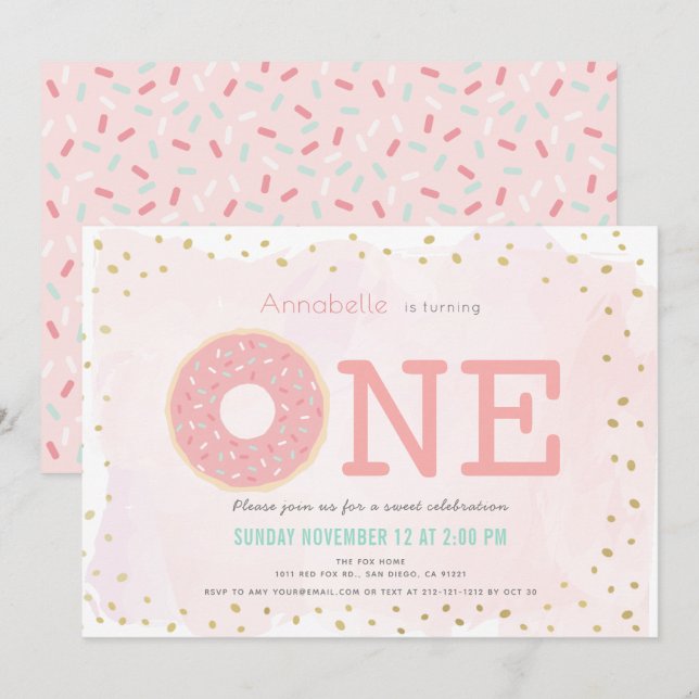 Pink & Gold Donut Girl 1st Birthday Invitation (Front/Back)