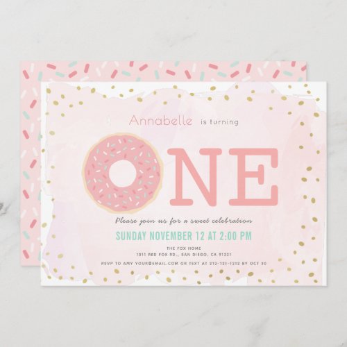 Pink  Gold Donut Girl 1st Birthday Invitation