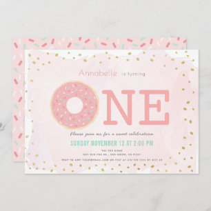 Pink & Gold Donut Girl 1st Birthday Invitation