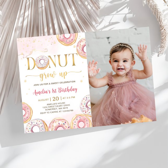 Pink Gold Donut Grow Up Birthday Photo Invitation (Creator Uploaded)