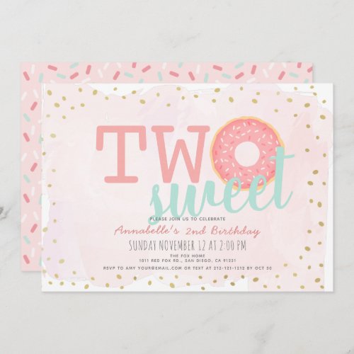 Pink  Gold Donut Two Sweet Girl 2nd Birthday Invitation