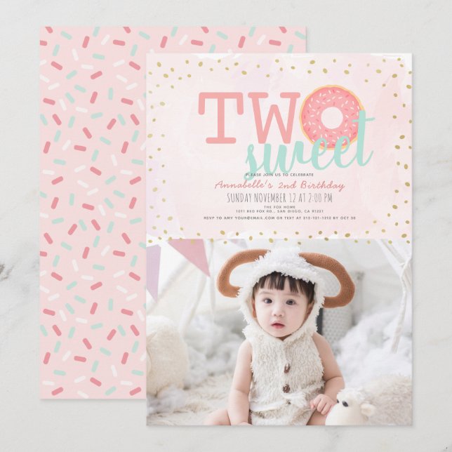 Pink Gold Donut Two Sweet Photo Girl 2nd Birthday Invitation (Front/Back)