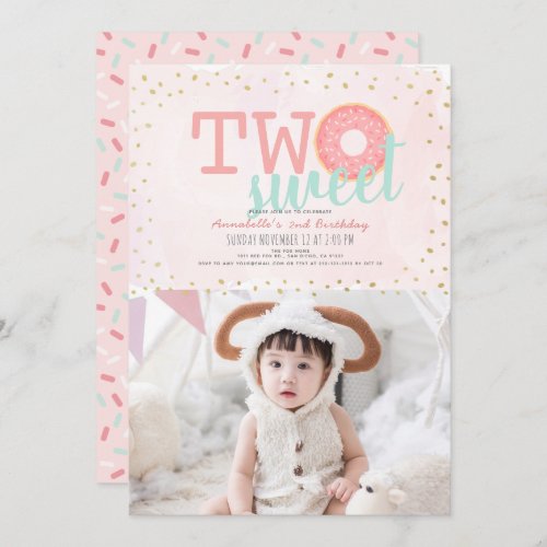 Pink Gold Donut Two Sweet Photo Girl 2nd Birthday Invitation