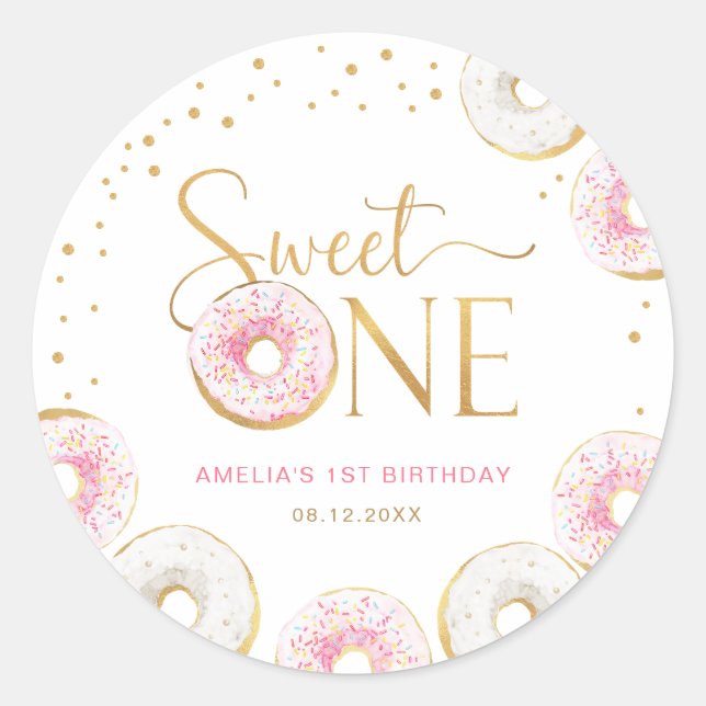 Pink Gold Donuts Sweet One 1st Birthday Classic Round Sticker (Front)