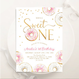 Pink Gold Donuts Sweet One 1st Birthday Invitation