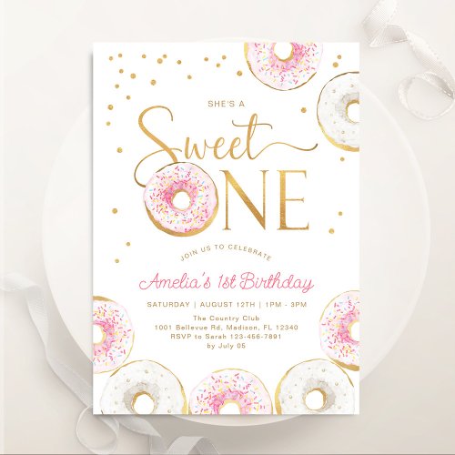 Pink Gold Donuts Sweet One 1st Birthday Invitation