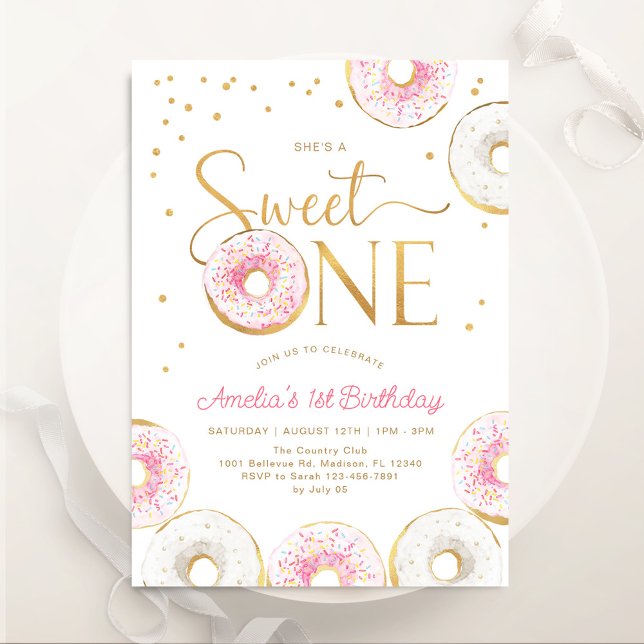 Pink Gold Donuts Sweet One 1st Birthday Invitation (Creator Uploaded)