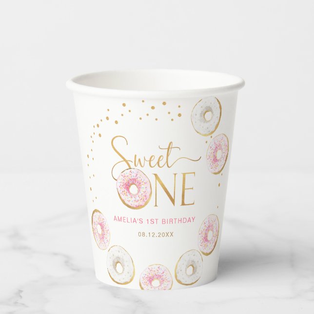 Pink Gold Donuts Sweet One 1st Birthday Paper Cups (Front)