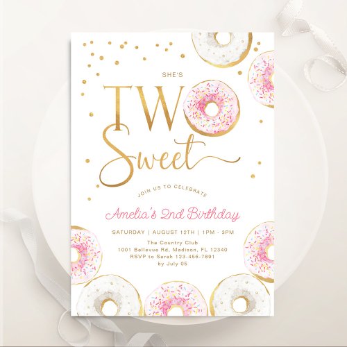 Pink Gold Donuts Two Sweet 2nd Birthday Invitation
