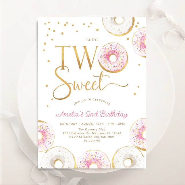 Pink Gold Donuts Two Sweet 2nd Birthday Invitation (Creator Uploaded)