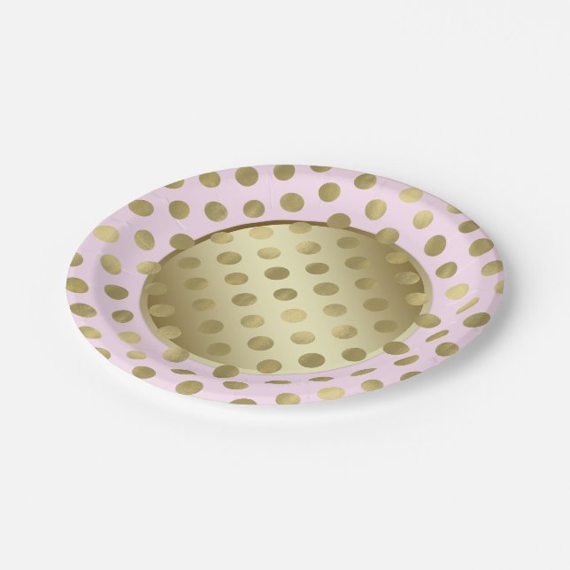 Pink Gold Dot Birthday Party Paper Plates (Angled)
