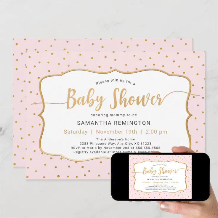 Pink Gold Dot Girl Baby Shower Invitation | Zazzle