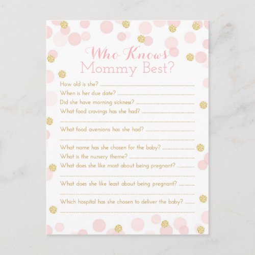 Pink Gold Dots Baby Shower Mommy Quiz Invitation Postcard