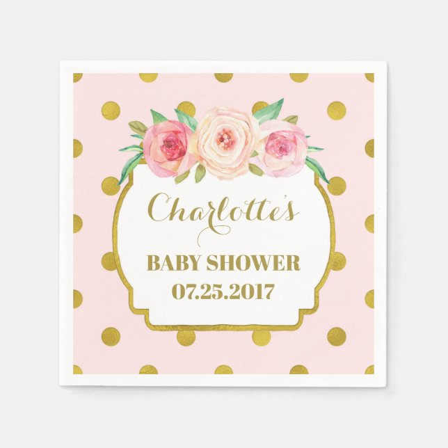 Pink Gold Dots Blush Floral Baby Shower Paper Napkins (Front)