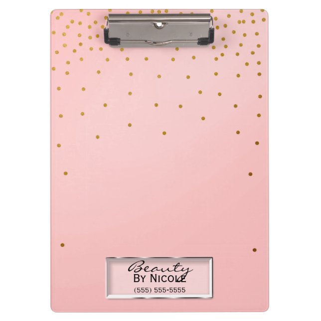 Pink & Gold Dots Elegant Chic Glam Personalized Clipboard (Front)