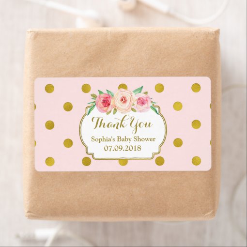 Pink Gold Dots Floral Baby Shower Labels Zazzle