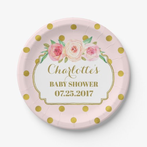 Pink Gold Dots Floral Baby Shower Plate