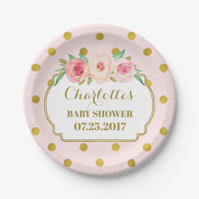 Pink Gold Dots Floral Baby Shower Plate (Front)