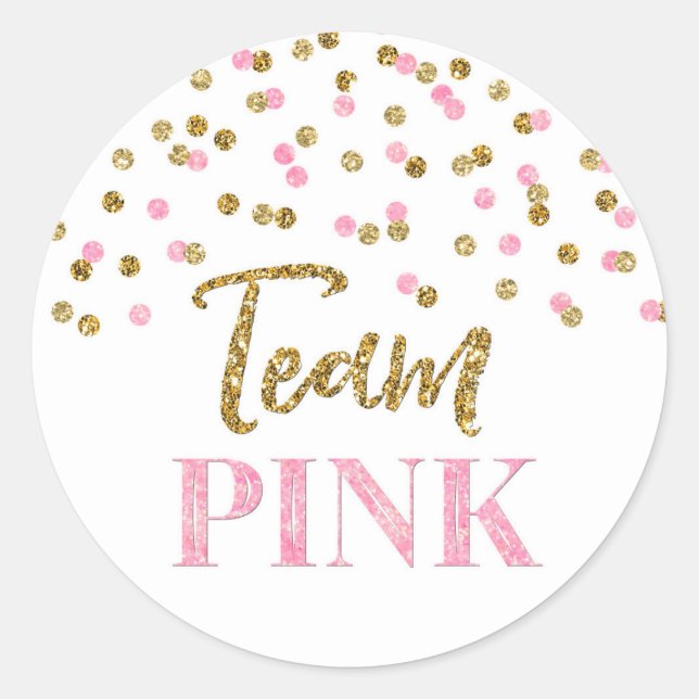 Pink Gold Dots Gender Reveal Baby Shower Team Pink Classic Round Sticker (Front)