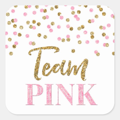 Pink Gold Dots Gender Reveal Baby Shower Team Pink Square Sticker