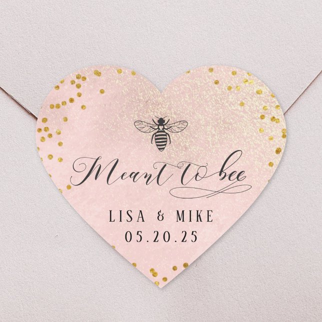 Pink Gold Dots Meant to Bee Honey Wedding Favor Heart Sticker (Creator Uploaded)