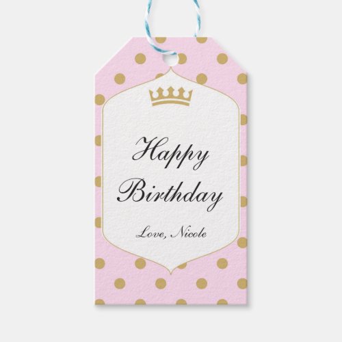 Pink  Gold Dots Royal Crown Princess Gift Tag