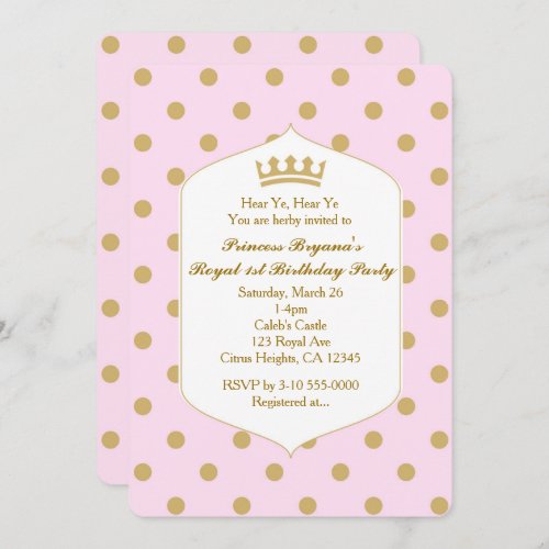 Pink  Gold Dots Royal Crown Princess Invitations