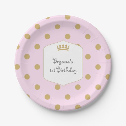 Pink  Gold Dots Royal Crown Princess Party Plates